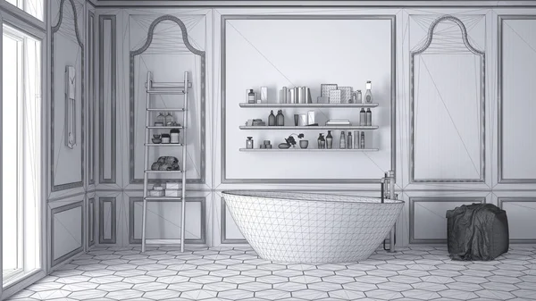 Projeto inacabado de banheiro branco escandinavo, esboço abstra — Fotografia de Stock
