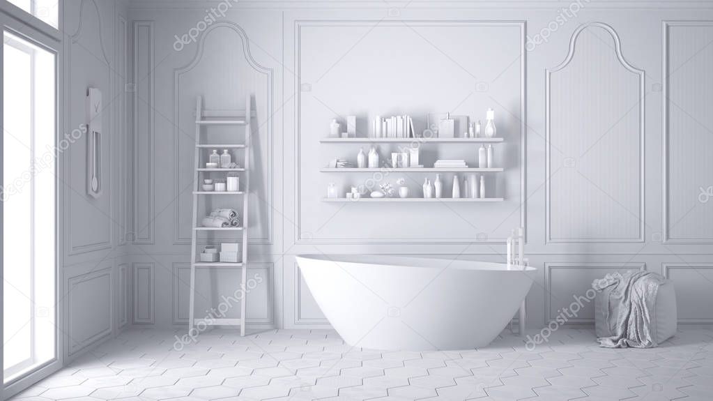 Total white scandinavian bathroom, classic white vintage interio