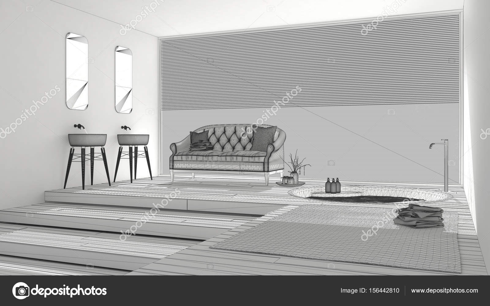 Unvollendetes Projekt eines klassischen Badezimmers mit großem Fenster