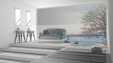 Tamamlanmamış proje klasik banyo büyük pencereli, eskiz bir