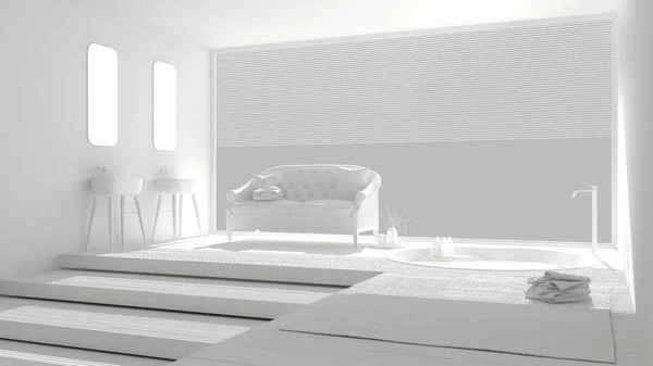 Полностью белая минималистская ванная комната с большим окном, классический винтаж — стоковое фото