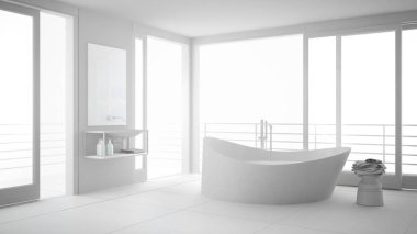 Total white minimalist bathroom with big bath tub and panoramic  clipart