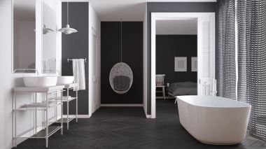 Yatak odasında minimalist beyaz ve gri İskandinav banyo 