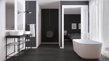 Yatak odasında minimalist beyaz ve gri İskandinav banyo 