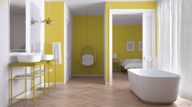Minimalist beyaz ve sarı İskandinav banyo yatak odası ile ben