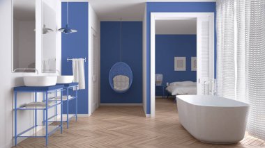 Yatak odasında minimalist beyaz ve mavi İskandinav banyo 