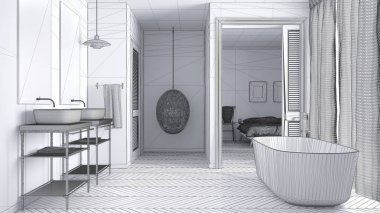 Beyaz İskandinav banyo yatak odası ile tamamlanmamış proje ben