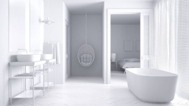 Toplam beyaz minimalist İskandinav banyo yatak odasında bac ile