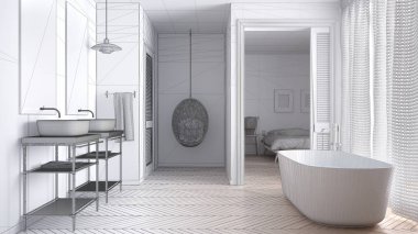 Beyaz İskandinav banyo yatak odası ile tamamlanmamış proje ben