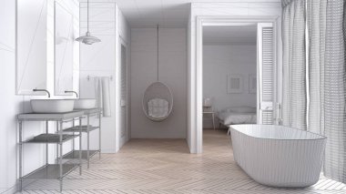 Beyaz İskandinav banyo yatak odası ile tamamlanmamış proje ben
