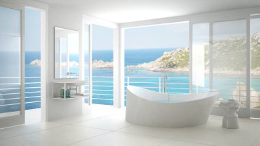 Minimalist bathroom with big bath tub and panoramic window, ital clipart