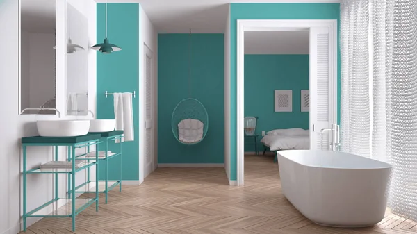 Minimalist beyaz turkuaz İskandinav banyo ve bedroo ile