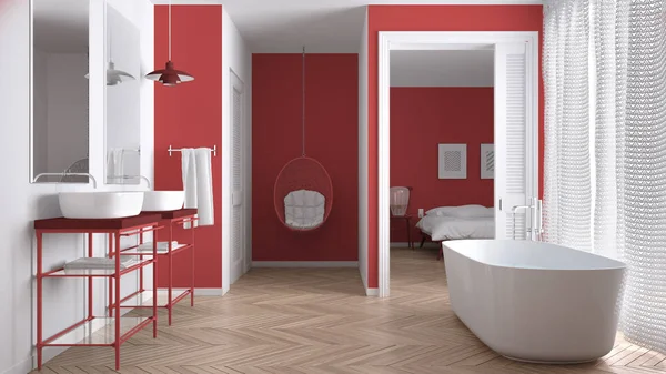 Yatak odasında b minimalist beyaz ve kırmızı İskandinav banyo
