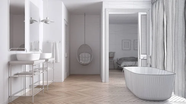 Projet inachevé de salle de bain scandinave blanche avec chambre i — Photo