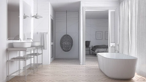 Beyaz İskandinav banyo yatak odası ile tamamlanmamış proje ben