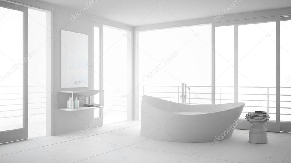 Total white minimalist bathroom with big bath tub and panoramic 