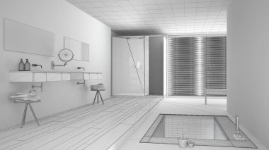 Tamamlanmamış proje minimalist beyaz ve gri banyo ile ba