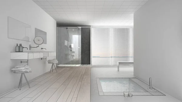 Nedokončený projekt minimalistické koupelny bílé a šedé s ba — Stock fotografie