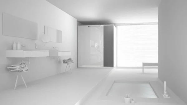 Total white project of minimalist bathroom with bath tub and pan — Stock Photo, Image