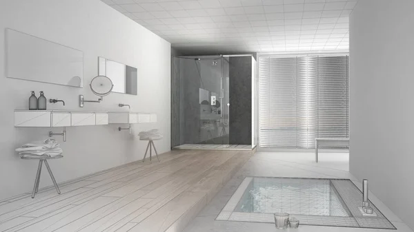 Projeto inacabado de minimalista banheiro branco e cinza com ba — Fotografia de Stock