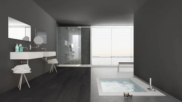 Minimalistyczne białe i szare łazienki z wanną z hydromasażem i panoramicznym w — Zdjęcie stockowe