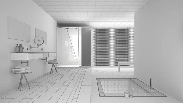 Projeto inacabado de minimalista banheiro branco e cinza com ba — Fotografia de Stock
