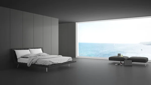 Minimalist bedroom with big window on sea panorama, white and gr — Stock Photo, Image