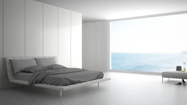 Minimalistická ložnice s velkým oknem na nečis panorama, bílé moře — Stock fotografie