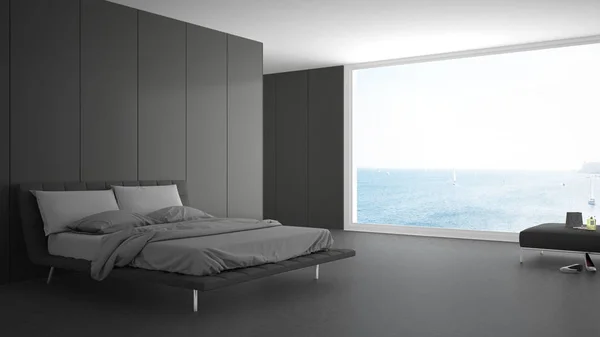 Chambre minimaliste avec grande fenêtre sur le panorama de la mer, blanc et gr — Photo