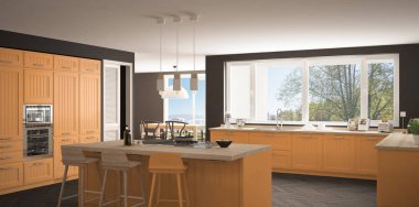 Modern İskandinavya mutfak ile büyük pencereler, panorama klasik gr