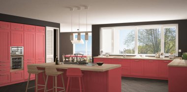 Modern İskandinavya mutfak ile büyük pencereler, panorama klasik gr