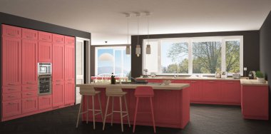 Modern İskandinavya mutfak ile büyük pencereler, panorama klasik gr