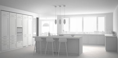 Toplam beyaz modern İskandinavya mutfak büyük camları, panoram olan