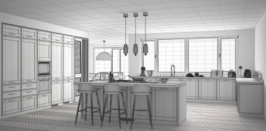 Modern İskandinavya mutfak büyük panora ile tamamlanmamış proje