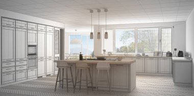 Modern İskandinavya mutfak büyük panora ile tamamlanmamış proje