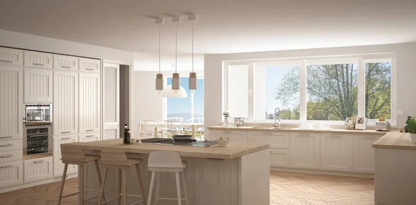 Современная скандинавская кухня с большими окнами, панорама классическая — стоковое фото