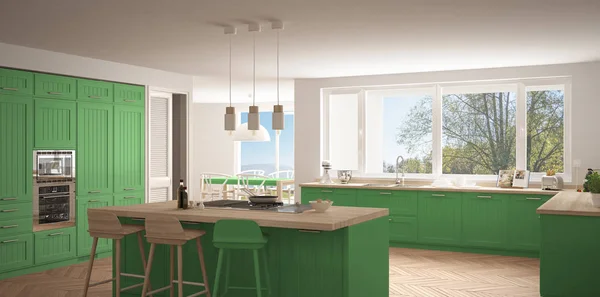 Современная скандинавская кухня с большими окнами, панорама классическая — стоковое фото