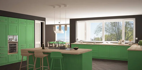 Modern scandinavia kök med stora fönster, panorama klassiska gr — Stockfoto