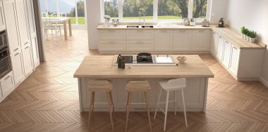 Büyük pencereler, panorama klasik modern İskandinavya mutfak wh