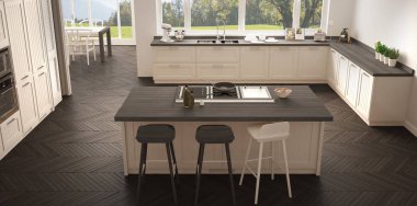 Büyük pencereler, panorama klasik modern İskandinavya mutfak wh