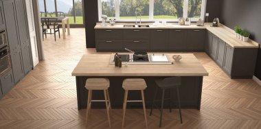 Büyük pencereler, panorama klasik modern İskandinavya mutfak wh