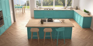 Büyük pencereler, panorama klasik modern İskandinavya mutfak wh