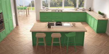 Büyük pencereler, panorama klasik modern İskandinavya mutfak wh