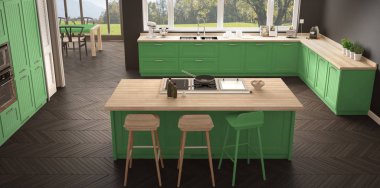 Modern İskandinavya mutfak ile büyük pencereler, panorama klasik gr