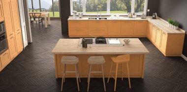 Modern İskandinavya mutfak ile büyük pencereler, panorama klasik gr