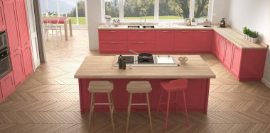 Büyük pencereler, panorama klasik modern İskandinavya mutfak wh