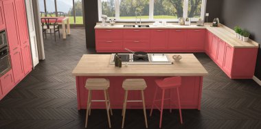 Modern İskandinavya mutfak ile büyük pencereler, panorama klasik gr