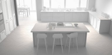 Toplam beyaz modern İskandinavya mutfak büyük camları, panoram olan