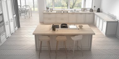 Modern İskandinavya mutfak büyük panora ile tamamlanmamış proje