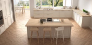 Arka plan iç tasarım, modern beyaz İskandinavya kitche bulanıklık